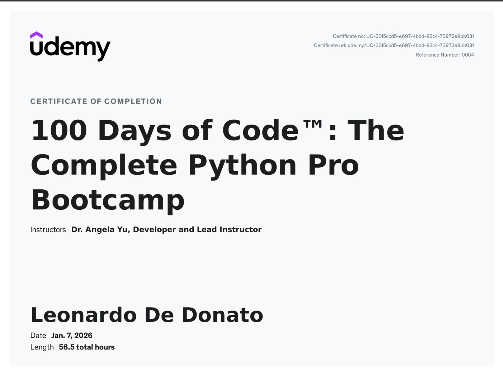 Python Certificate Angela Yu